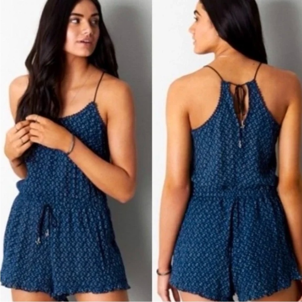 American Eagle Outfitters Blue‎ Abstract Print Tie Waist Ruffle Romper Medium